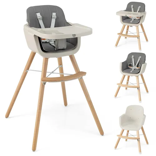 Vista 14 de BABY JOY Trona convertible para bebé, 3 en 1, silla alta de madera/asiento elevador/silla con bandeja extraíble, patas ajustables, arnés de 5