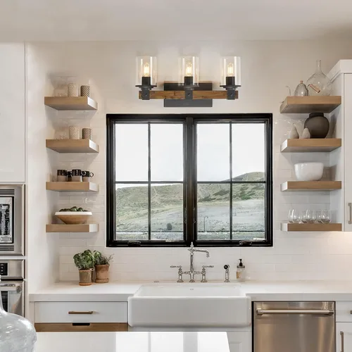 Vista 8 de DUJAHMLAND Lámpara de tocador de granja, lámpara de pared de madera de baño de 3 luces sobre espejo con pantalla de vidrio transparente, iluminación