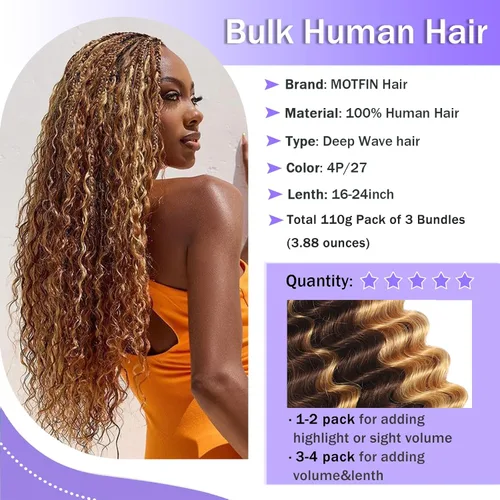 Vista 64 de Cabello Humano para Trenzar para Trenzas Boho 3 Paquetes/Pack 110g (3.88 oz) 14 Pulgadas Cabello Humano a Granel Ondulado Profundo para Trenzar