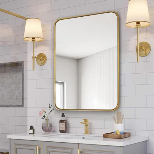 Vista 4 de DH Espejo de baño dorado, 20 x 30 pulgadas, espejo rectangular con marco de metal dorado cepillado con esquina redondeada, espejo de tocador de baño