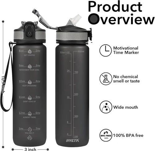 Vista 2 de Hyeta Botellas de agua de 32 onzas con popote, mantente motivado e hidratado con marcas de tiempos convenientes para beber, duraderas, a prueba