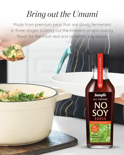 Vista 3 de SEMPIO Salsa sin soya: alternativa a la salsa de soja multiusos, condimento multiusos hecho con guisantes y proteína de guisantes en lugar de soja