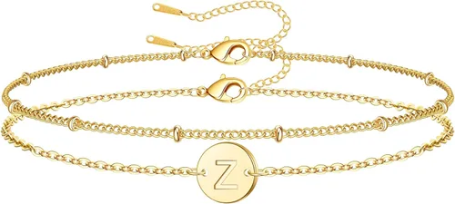 Vista 28 de Pulseras de oro para mujeres y niñas, regalos – Pulsera chapada en oro de 18 quilates, pulsera con inicial de monograma de disco delicado con dije