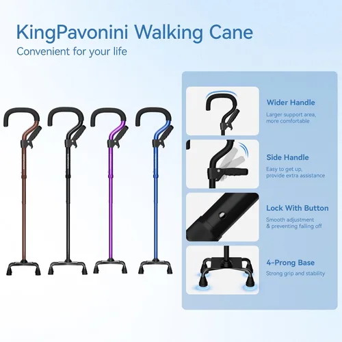 Vista 8 de KingPavonini Bastones para mujeres/hombres con segundo mango, bastón plegable y ajustable con base de 4 puntas, bastón cuádruple para estabilidad