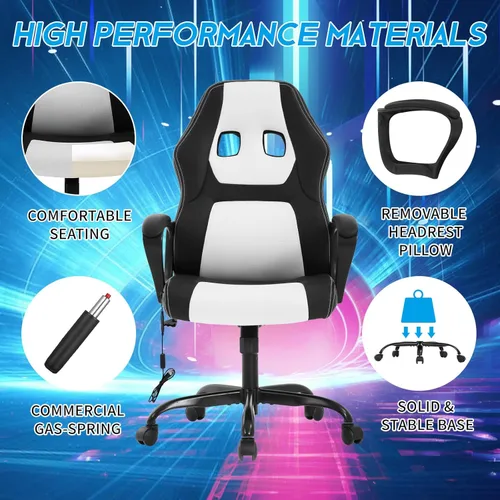 Vista 6 de BLKMTY Silla de juegos de PC, silla de escritorio ergonómica de masaje, sillas de carreras de piel sintética ajustable con soporte lumbar, Blanco