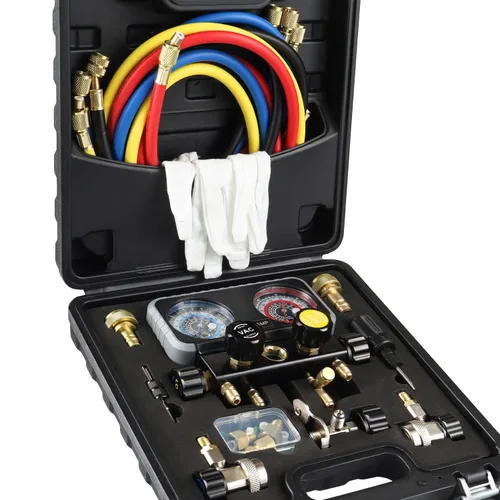 Kit de medidores Lichamp AC R1234YF R134A, manómetro de colector de 4 válvulas automotriz compatible con refrigerantes R1234YF R134A y R404A,