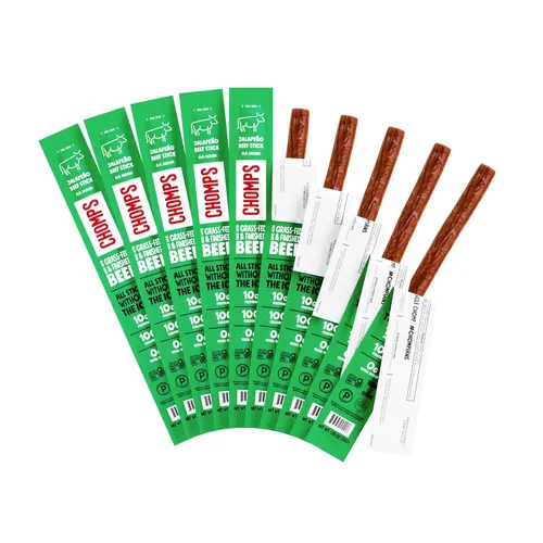 Vista 8 de Chomps Tiras de carne seca de res alimentadas y terminadas con pasto con sabor a barbacoa ahumada, 10 paquetes - Keto, Paleo, Whole30, 10g