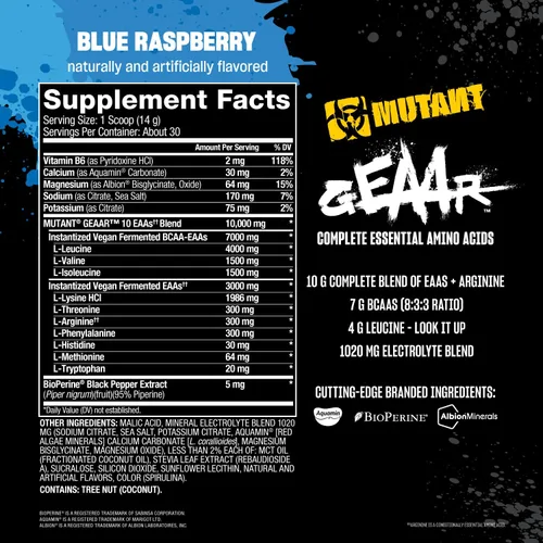 Vista 5 de MUTANT GEAAR - 0.33 oz de polvo EAA + arginina, 0.4 oz de BCAA, 0.4 oz de leucina, electrolitos, agua de coco, sin colores ni sabores artificiales