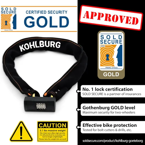 Vista 6 de KOHLBURG Candado de bicicleta de combinación resistente [vendido oro seguro] 43 pulgadas de largo con máxima seguridad - Candado de cadena antirrobo
