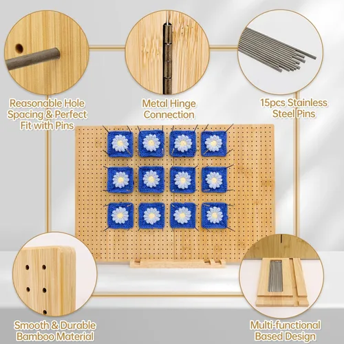 Vista 3 de Tabla de bloqueo cuadrada de 23.6 x 15.8 pulgadas, plegable, tablas de bloqueo de bambú para proyectos de ganchillo con clavijas, tablas de bloqueo