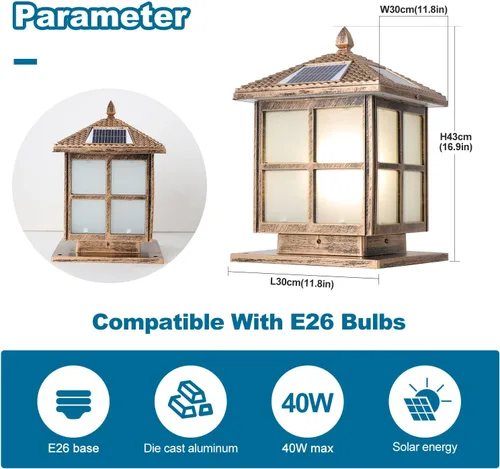 Vista 6 de E26 Luces solares para postes al aire libre IP65 Luz de pilar de vidrio impermeable Luz de columna LED cuadrada al aire libre Villa Patio Valla