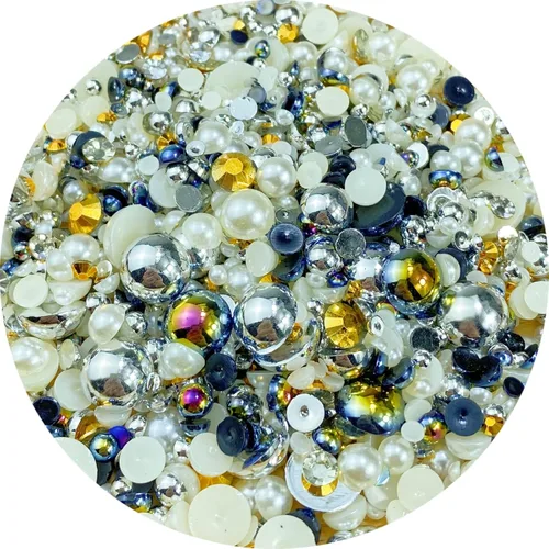 Cuentas de resina con diamantes de imitación, mitad redonda, cuentas de perlas planas de 30 g, cuentas de media perla con diamantes de imitación