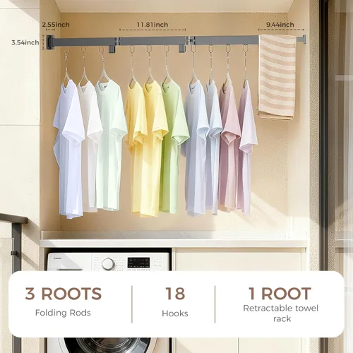 Vista 7 de Estante de secado de ropa plegable que ahorra espacio, colgador de ropa de pared con 18 ganchos para uso en interiores y exteriores en lavandería