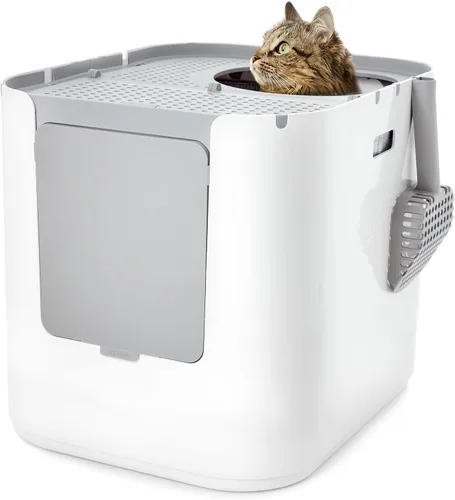 Vista 3 de Modkat® Caja de arena XL, configuración de entrada superior o frontal, base sin costuras de altura completa, forros de arena reutilizables, cuchara