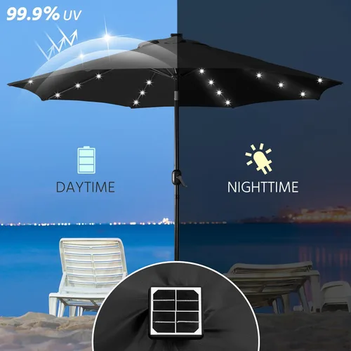 Vista 2 de Yaheetech Sombrilla solar de 9 pies para patio, sombrilla de mercado para mesa al aire libre con 8 varillas y 32 luces LED, inclinación, manivela