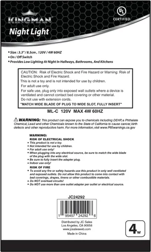 Vista 6 de Kingman Enchufe de pared de luz nocturna con interruptor de encendido/apagado, blanco cálido, certificación UL, 120 V 4 W (paquete de 1)