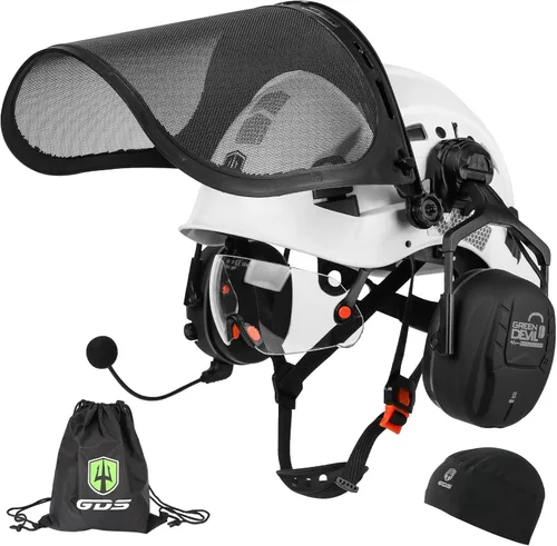 Vista 11 de Casco de seguridad para motosierra forestal GREEN DEVIL con orejeras Bluetooth Casco de arborista Casco duro con visera incorporada Protector facial