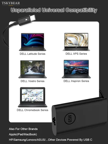 Vista 6 de TSKYBEAR 65W 45W Compatible con Dell Laptop Cargador USB C Latitude 5420 5520 5320 7420 5430 7390 7320 7400, XPS 13 Chromebook 3100 Computadora