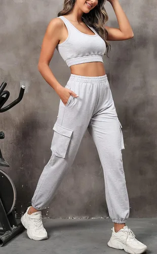 Vista 2 de FUPHINE Conjunto de dos piezas para mujer, sin mangas, con pantalones cargo y ropa deportiva para descansar