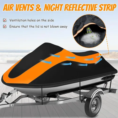 Vista 2 de Funda para moto acuática remolcable, impermeable, resistente al desgarro, con 3 hebillas resistentes al viento y ventilación de aire, se adapta