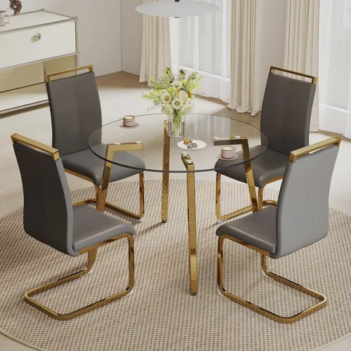 Vista 11 de Juego de mesa de comedor de cristal para 4, mesa rectangular con 4 sillas de cocina de cuero gris, juego de comedor de cocina de 51 pulgadas, mesa 4