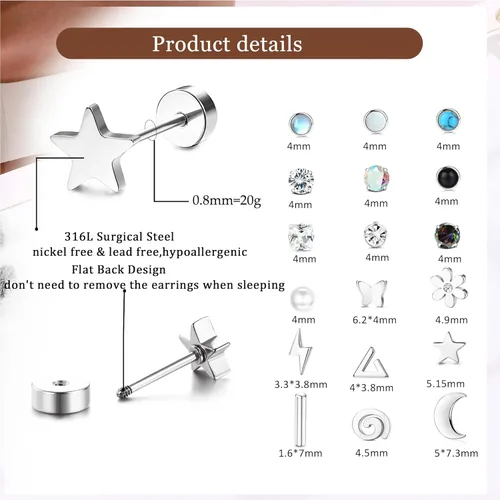 Vista 3 de LOLIAS 21 pares de aretes pequeños para mujer, chapados en plataoro, 0.71 oz, aretes de tuerca con parte trasera plana, aretes de aro para orejas