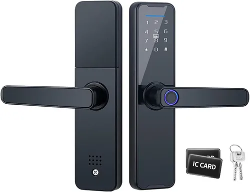 Cerradura de puerta inteligente con huellas dactilares con asa, cerraduras biométricas de puerta con 2 llaves mecánicas y 2 tarjetas IC de VLUOO