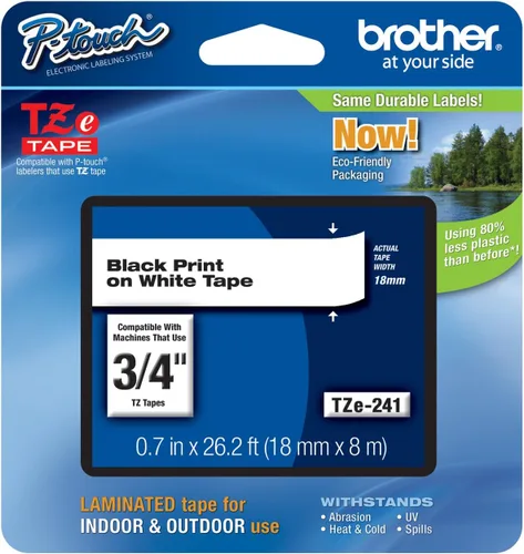 Cinta Brother TZe P-Touch original de 3/4 pulgadas (0.709 in) negro sobre blanco para rotuladora Brother PT-300, PT300 con guía de cinta TZe incluida