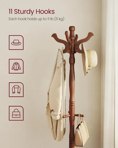 Vista 3 de VASAGLE Perchero de pie, Perchero independiente de madera maciza con 11 ganchos, Árbol de recibidor para bolsas, carteras, sombreros, para entrada