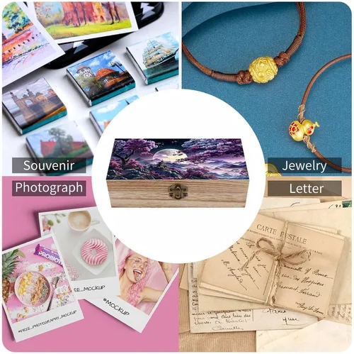 Vista 5 de Cherry Blossom Moon Wooden Storage Box with Hinged Lock,Decorative Handmade Keepsake Jewelry Chest, Elegant Retro Decor Boxes, Compact Organizer Box