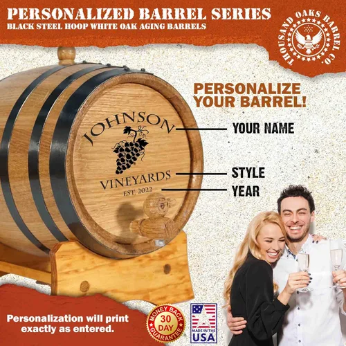 Vista 3 de Barril de envejecimiento de roble personalizado de 1 litro para vino con soporte de madera, boung y espita - Age Mead, cócteles, bourbon, whisky