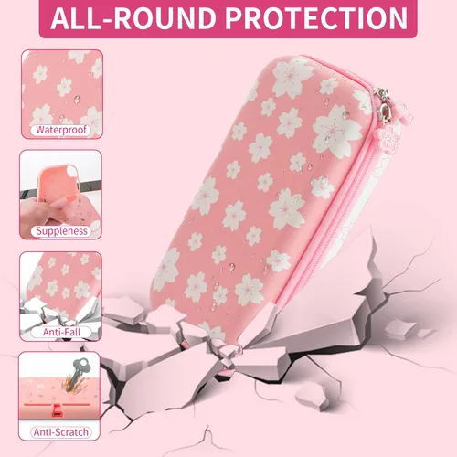 Vista 3 de FUNDIARY Funda de transporte Sakura rosa para Nintendo Switch Lite, lindo kit de accesorios de viaje para niña con bolsa de almacenamiento delgada
