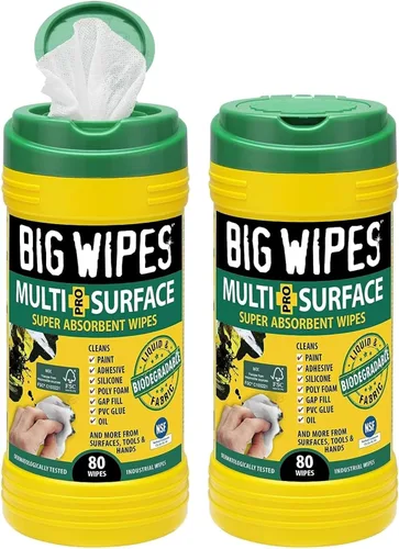 Vista 18 de BIG WIPES Recipiente multisuperficie resistente, paños de limpieza súper absorbentes para manos, superficies y herramientas, recipiente de 80
