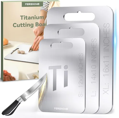 Juego de 3 tablas de cortar de titanio para cocina, tabla de cortar de doble cara, 100% grado alimenticio, tablas de cortar con mango para carnes 3