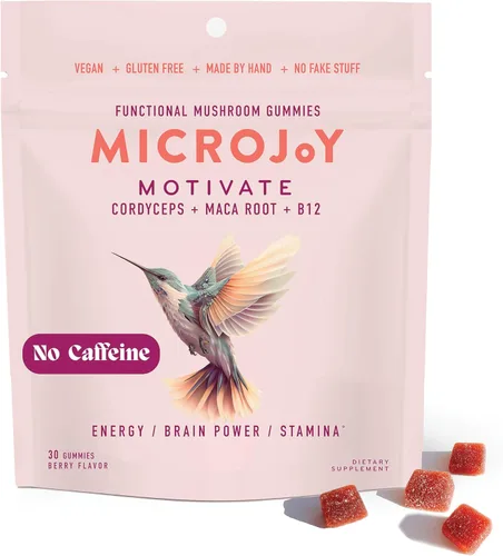 Microjoy Motivate Gummies - Energía, resistencia y apoyo cerebral con hongos Cordyceps, maca y vitamina B12 - Veganas, sin gluten, sin OMG - Sabor a