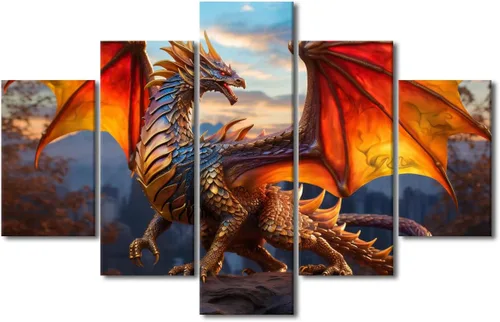Vista 99 de Lienzo decorativo para pared de sala de estar, lienzo de dragón, 5 paneles, dragón verde, decoración de pared para el hogar, decoración de pared