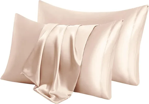 Vista 6 de Aormenzy Juego de 2 fundas de almohada de satén beige para cabello y piel, fundas de almohada de satén para mujer, tamaño estándar, con cierre