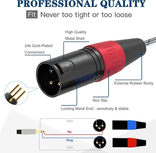 Vista 4 de JOLGOO Cable de conexión estéreo TRS de 0.138 in a doble XLR macho Pro, cable TRS estéreo de 1/8 pulgadas a 2 XLR macho en Y, cable de micrófono