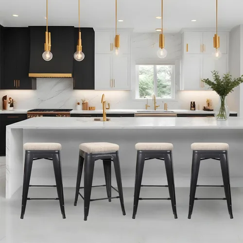 Vista 10 de GIA Taburete de mostrador sin respaldo de 24 pulgadas, cantidad de 4, bronce con asiento de madera clara