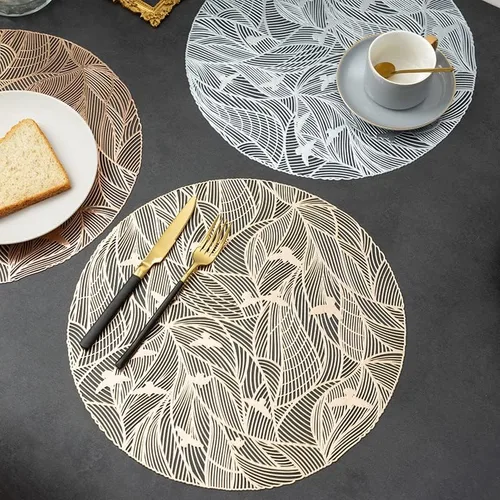 Vista 3 de 2/4/6pcs 38cm Gold Hollow Design Round PVC Placemats, Heat Resistant Waterproof Non-Slip Table Mats for Hotel Restaurant, Home Kitchen