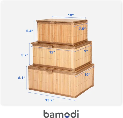 Vista 3 de Cajas de Almacenamiento Decorativas de Bambú con Tapas - Caja Rectangular Anidable con Tapa para Organización - Cesta Apilable con Forro de Tela