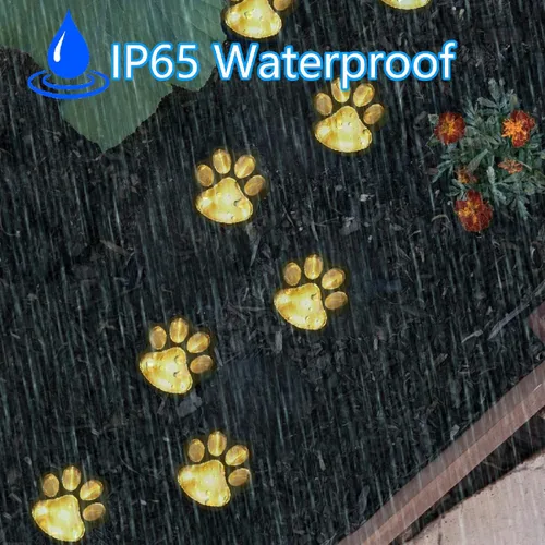 Vista 2 de Luces solares con estampado de patas: tira de luces solares LED impermeables para exteriores (juego de 8), lámpara decorativa de perro y gato, luces