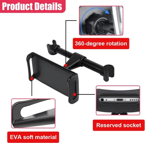 Vista 3 de Soporte para Reposacabezas de Automóvil, Universal Giratorio de 360 Grados para Tableta y Teléfono del Asiento Trasero, Soporte Ajustable