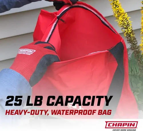 Vista 4 de Chapin 84700A - Esparcidor de semillas profesional de mano de 25 libras con bolsa impermeable, engranajes cerrados, deflector trasero, correa