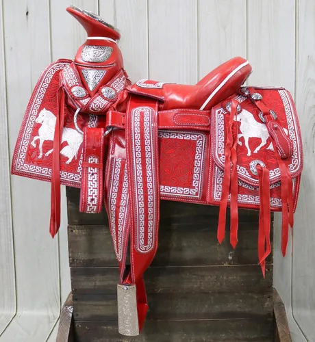Vista 5 de Montura Silla Charra - Silla de montar con bordado rojo Charro Diseno Caballo de 15.5 pulgadas