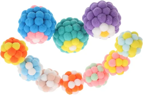 Happyyami 10pcs Cat Balls with Built-in Bells Soft Colorful Fuzzy for Indoor Cats and Small Dogs Sturdy Interactive Chewing to Stimulate Hunting