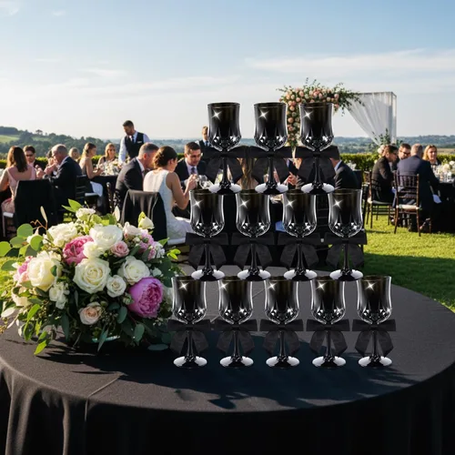 Vista 6 de LemonRoad 24 copas de vino de plástico de 3 onzas, copas vintage con lazos, copas de champán de coqueta, copas irrompibles para mujeres, cena, boda