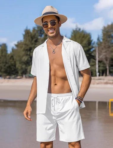 Vista 2 de COOFANDY Conjunto corto de 2 piezas para hombre, camisa con botones Guayabera, casual, trajes de playa de verano