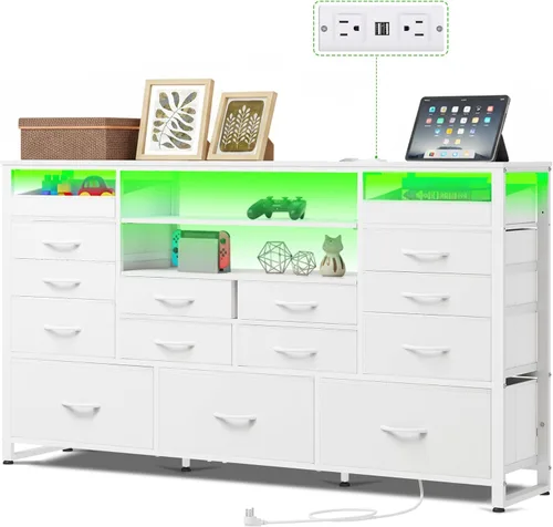 Vista 8 de Soporte de TV blanco para TV de 60, 65, 70 pulgadas, centro de entretenimiento con 8 cajones, mesa consola multimedia con parte superior de madera