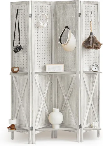 Pantalla de 4 paneles con 16 ganchos, divisor de habitación de 5.6 pies con estantes, divisor de habitación de madera, pantalla de privacidad